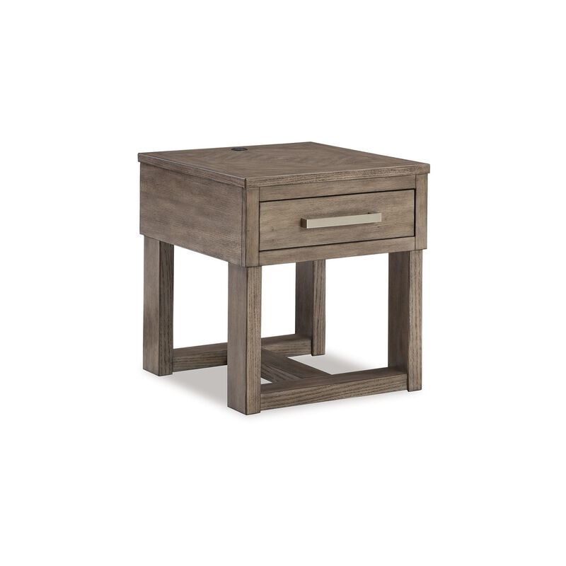 Aska Rectangular Side End Table with Drawer, USB Port, 24 Inch Gray