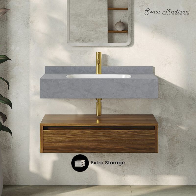 36" Wall-Mounted Bathroom Vanity in Brown Oak with Charcoal Gray Sink Top image number 1