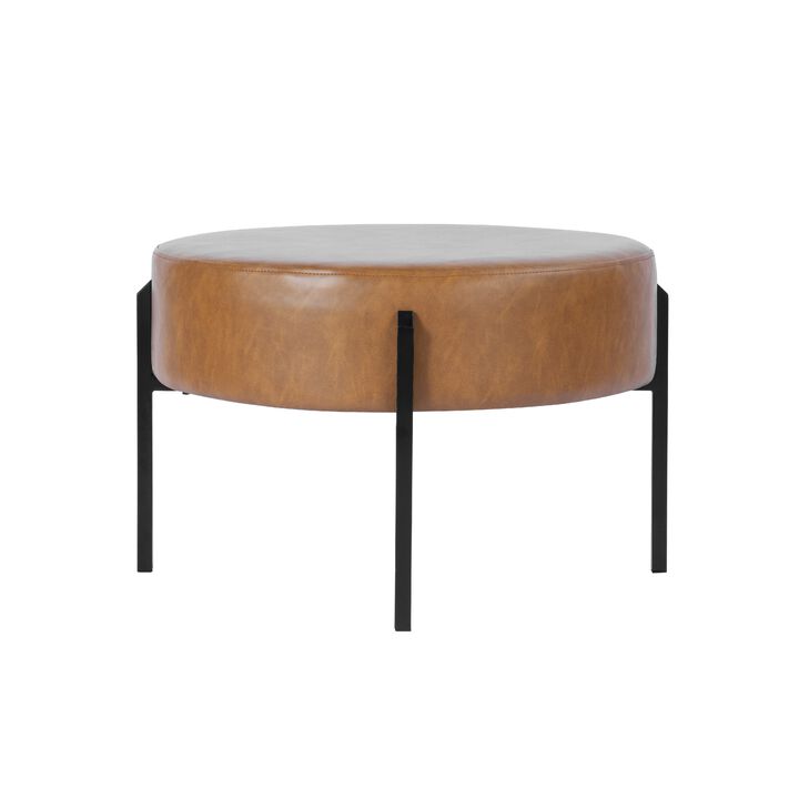 Joe Round Ottoman Footstool, Black Metal, Brown Faux Leather 28 Inch - Benzara