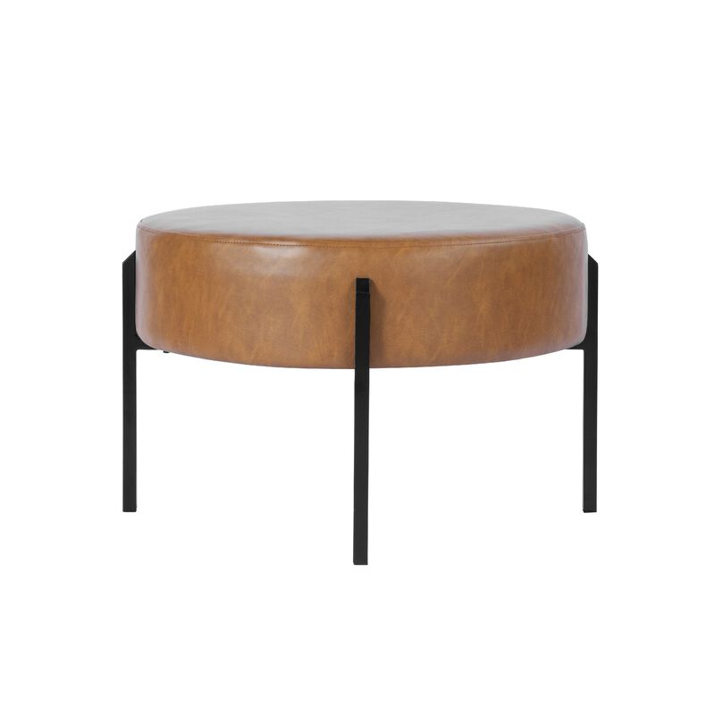 Joe Round Ottoman Footstool, Black Metal, Brown Faux Leather 28 Inch - Benzara image number 0