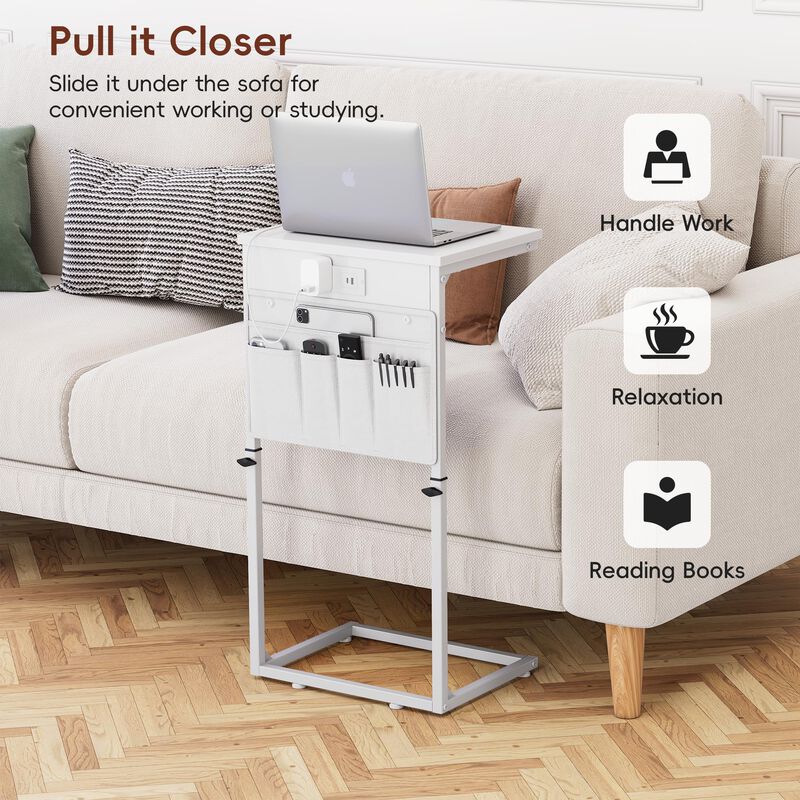 Vagusicc C Shaped End Table with Charging Station, 33""Tall Couch Side Table , Adjustable Height Small Couch Side Table for Smal
