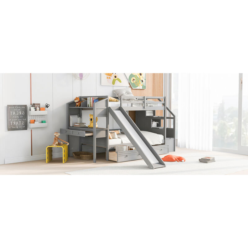 Twin Over Twin Bunk Bed With Storage Staircase, Slide And Drawers, Desk With Drawers And Shelves