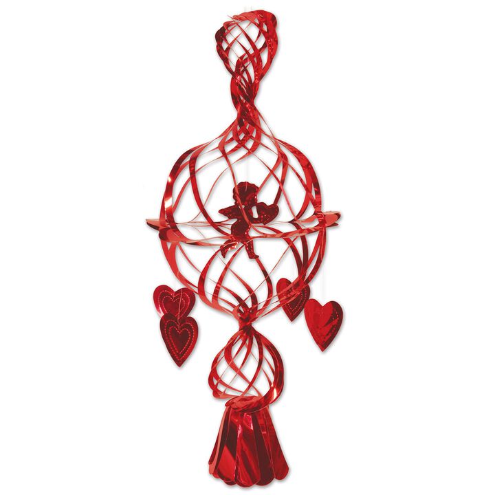 Club Pack of 12 Red Valentine's Day Metallic Cupid and Hearts Hanging Decorations 29"