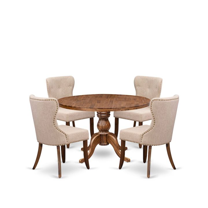 5 Piece Dining Set Consists Of 48" Round Kitchen Table In Light Tan Color