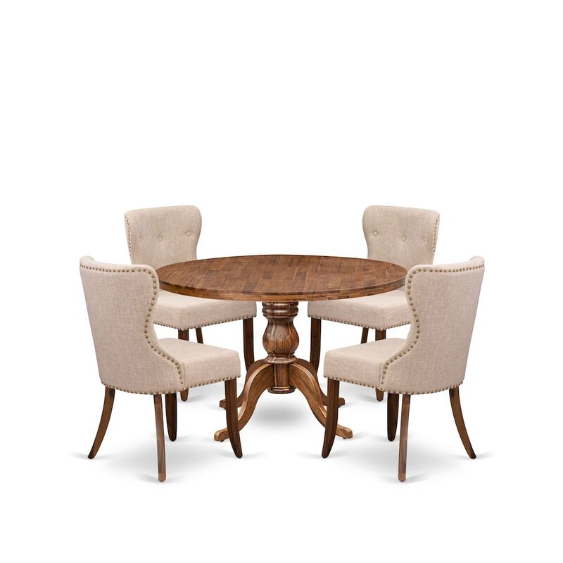 5 Piece Dining Set Consists Of 48" Round Kitchen Table In Light Tan Color