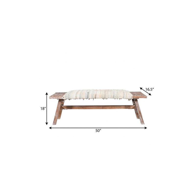 HomeRoots 50" White and Brown Cotton Upholstered Striped Bench image number 3