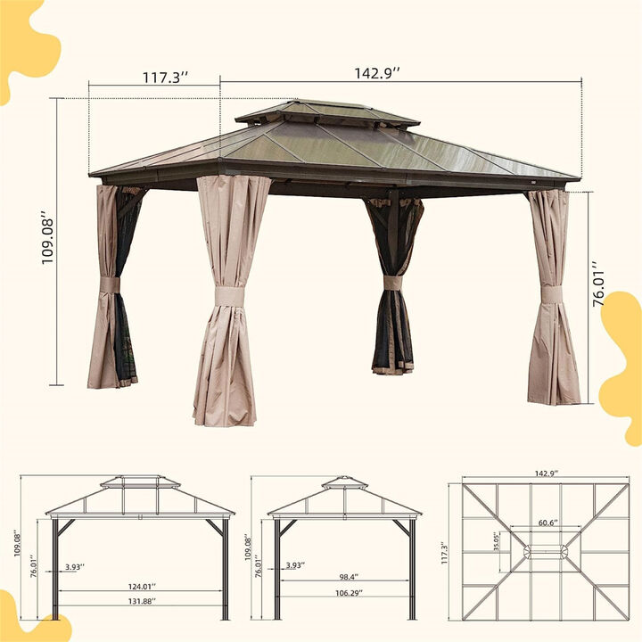 10'x12' Hardtop Gazebo, Permanent Outdoor Gazebo with Polycarbonate Double Roof, Aluminum Gazebo Pavilion with Curtain and Net for Garden, Patio, Lawns, Deck, Backyard(Brown)