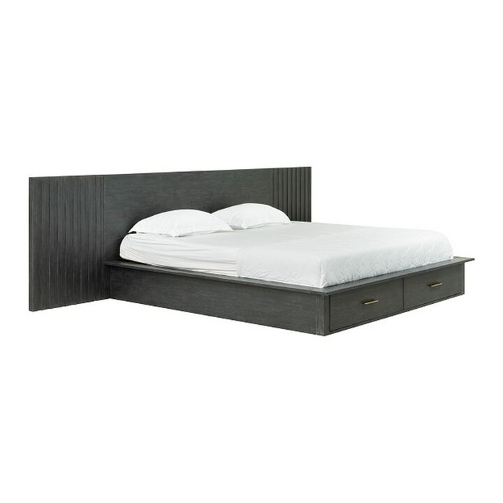 Cid Lime Queen Platform Bed, 2 Drawers, Wall Headboard, Dark Gray Finish - Benzara