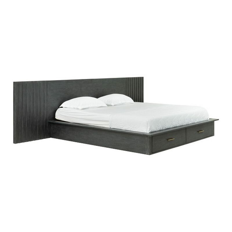 Cid Lime Queen Platform Bed, 2 Drawers, Wall Headboard, Dark Gray Finish - Benzara image number 1