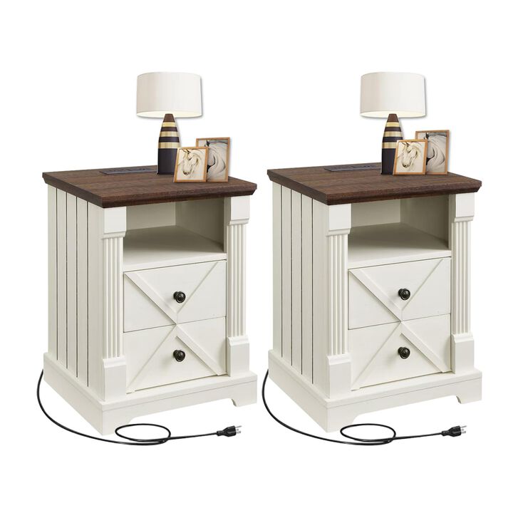 Minifeel Nightstand with Charging Station, Rustic 18 Inch Farmhouse End Table with Barn Door, Wood Sofa Side Table with 2 Storag