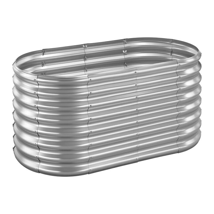Oval Galvanized Raised Garden Bed Open Bottom Metal Planter for Outdoor Gardening-Galvanized Color