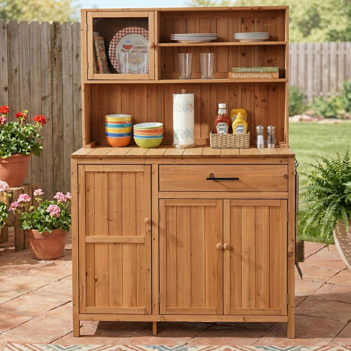 Whisen 65" Solid Fir Wood Potting Tables with Hutch, Adjustable Shelves & Spice Rack, Rustic Garden & Patio Kitchen Island
