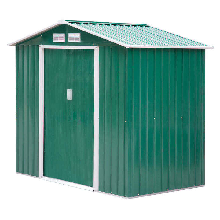 Outsunny 7' x 4' Outdoor Storage Shed, Garden Tool House with Foundation, 4 Vents and 2 Easy Sliding Doors for Backyard, Patio, Garage, Lawn, Green