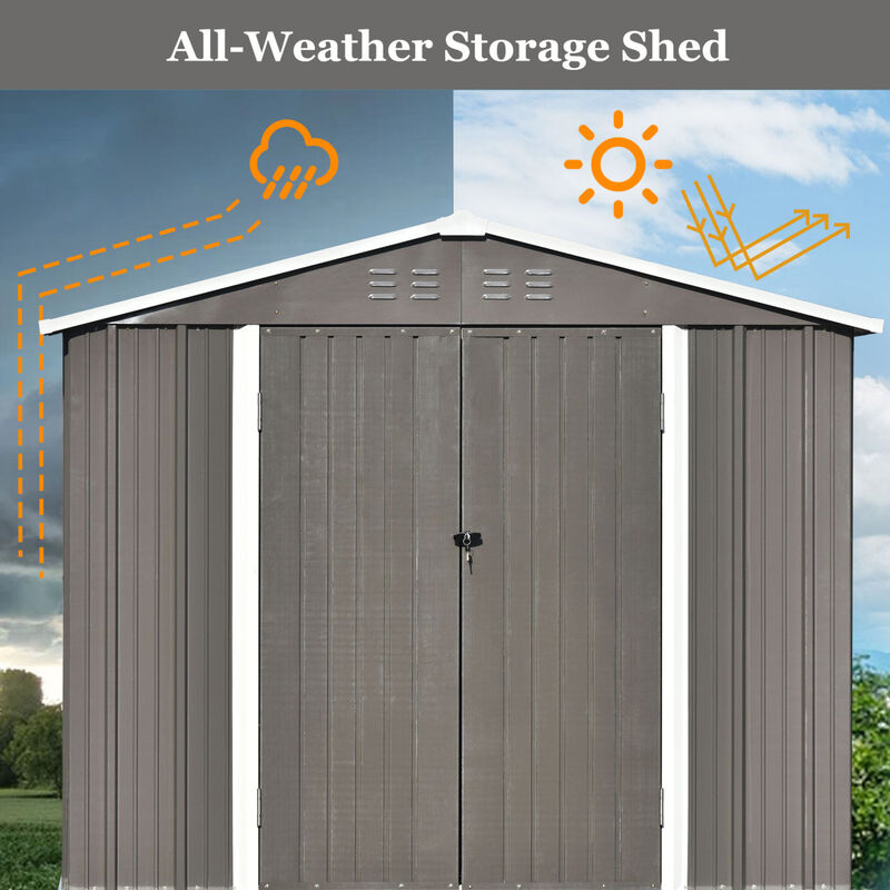 Patio 8ft x6ft Bike Shed Garden Shed, Metal Storage Shed with Adjustable Shelf and Lockable Doors, Tool Cabinet with Vents and Foundation Frame for Backyard, Lawn, Garden, Gray image number 5