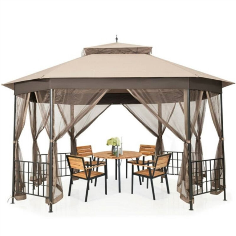 Outdoor Octagon Gazebo with Mosquito Net Sidewalls and Canopy