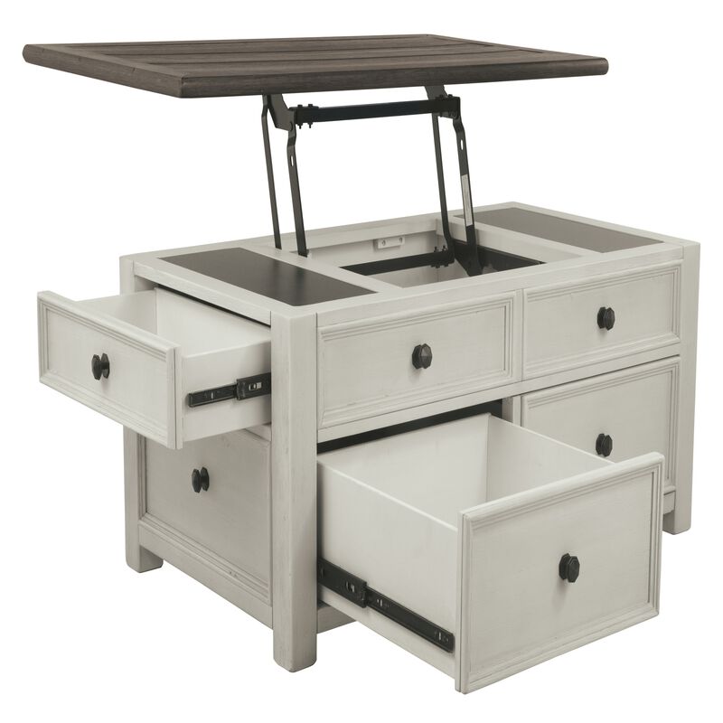 Cocktail Table With Spring Lift Top and Multiple Drawers, Brown and White-Benzara image number 4