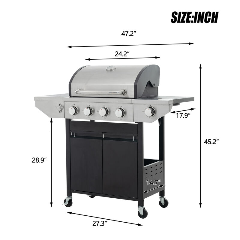 Mondawe Stainless Steel 5-Burner 46,500 BTU Propane Gas Grill with Side Shelves, 4 Wheels