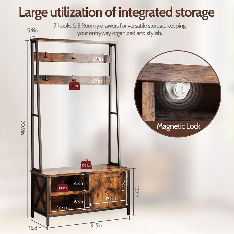 Coat Rack, Hall Tree with Bench and Shoe Storage, 31.5&rdquo; Steel Frame Entryway Bench Large 6 Hooks, 31.5" x 15.8" x 71" image number 2