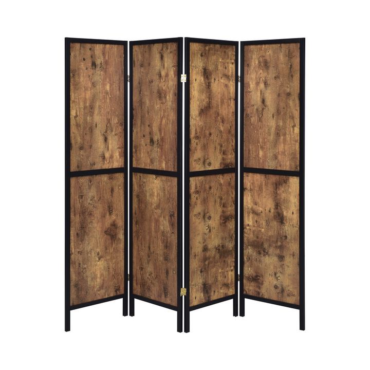 4 Panel Screen with Grain Details and Knots, Brown and Black-Benzara