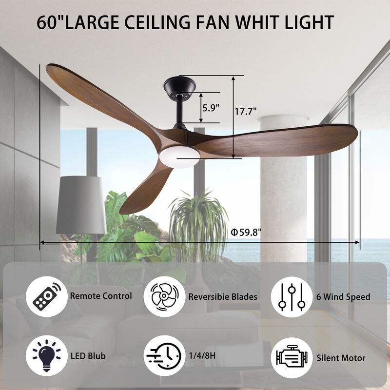 60 in. Integrated LED Indoor Brown Wood Ceiling Fan with Light Kit, 3 Wood Blades, Remote Control, 6-Speed Adjustable