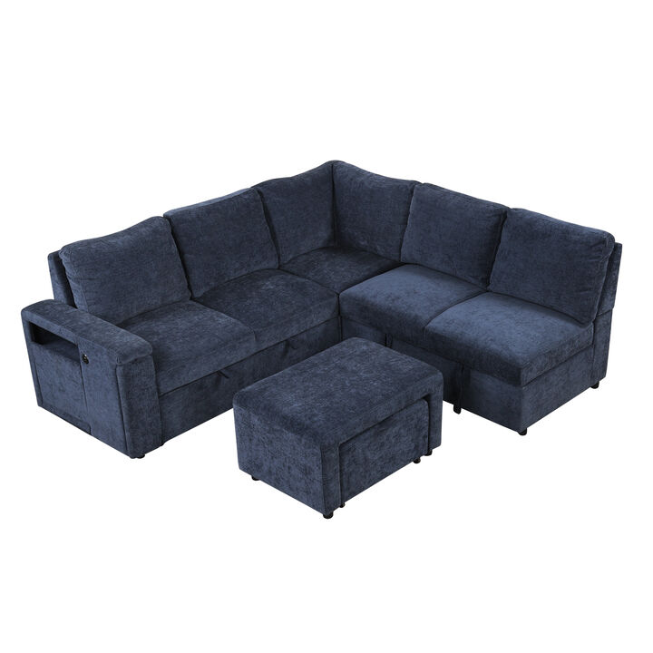 Merax Modular L-Shape Sofa Bed with Hidden Storage, USB Charging & Cup Holders
