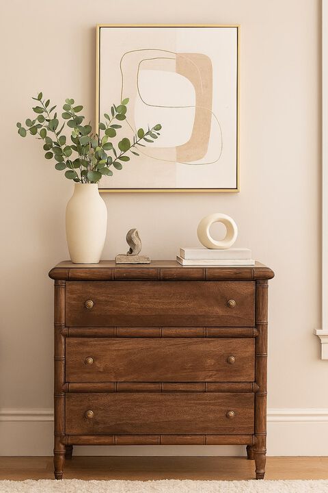 Artisan Furniture Solid Wood Bamboo Carved 3-Drawer Chest ,Brown,3-Drawer
