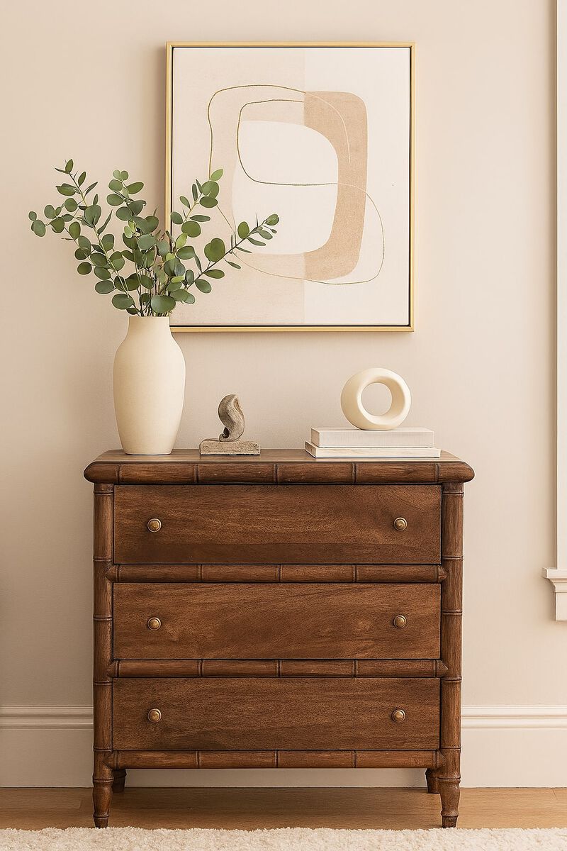 Artisan Furniture Solid Wood Bamboo Carved 3-Drawer Chest ,Brown,3-Drawer image number 1