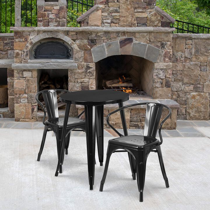 Flash Furniture Napoleon Commercial Grade 24" Round Black Metal Indoor-Outdoor Table Set with 2 Arm Chairs