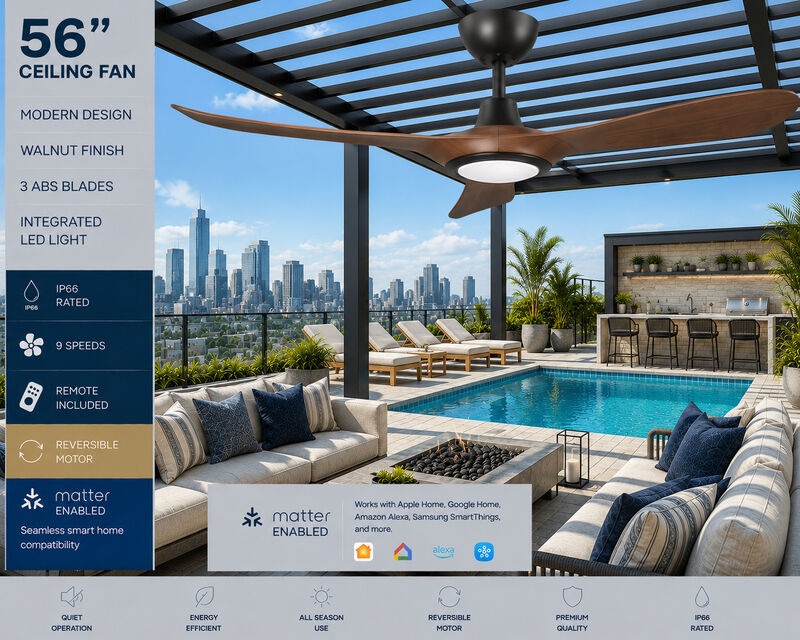 ENLIGHT 56" Smart DC Ceiling Fan with Light, IP66 Outdoor/Coastal Rated, Matter Smart Home Integration, 3 Blades image number 1