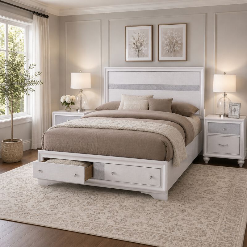 King Bedroom Set, White Wood, 3 Piece Set with 2 Nightstands image number 8