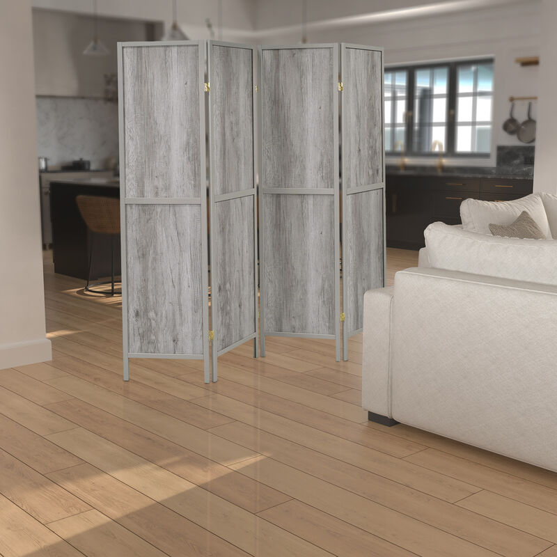 70 Inch Modern 4 Panel Folding Screen Room Divider, Rustic Gray Wood Finish - Benzara
