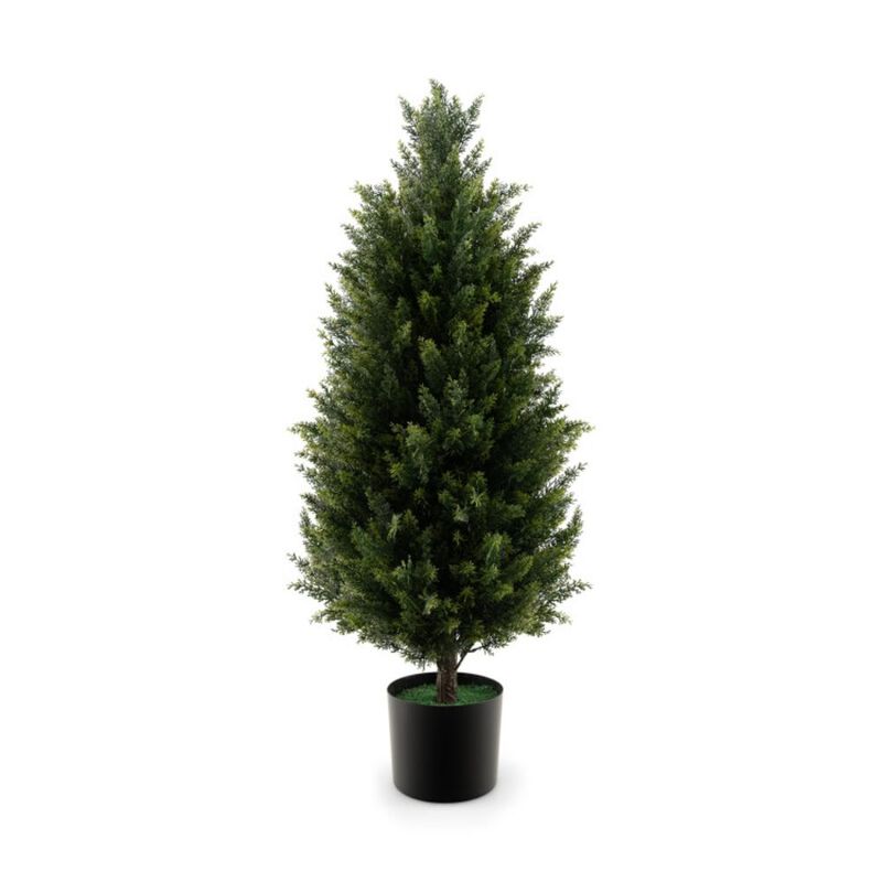 Hivvago Artificial Topiary Cedar Tree with Cement Plastic Pot and Faux Moss