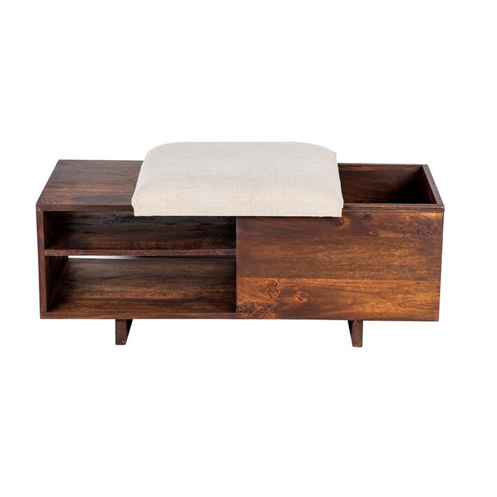 40 Inch Accent Storage Bench, Sliding Cushion Top, Modern, Brown Wood - Benzara