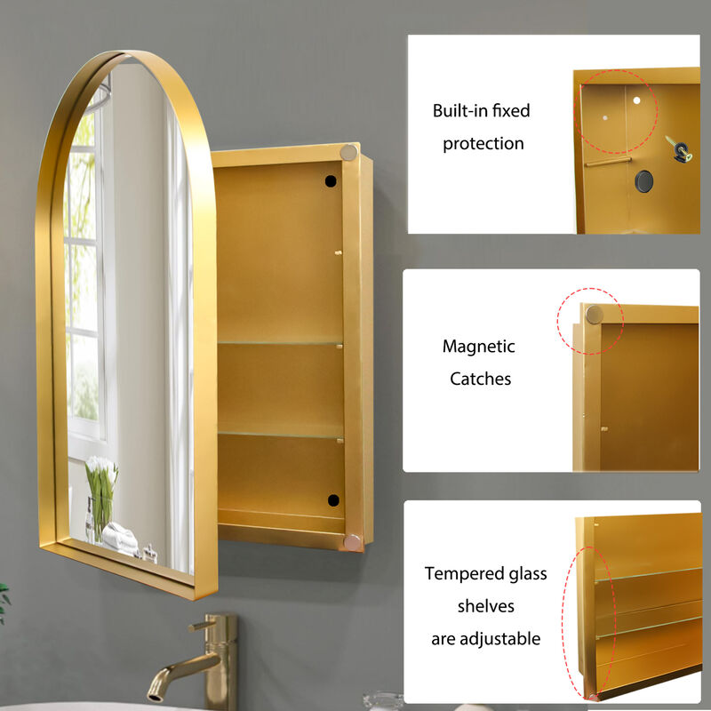 ELEMENT ACE 24x36 Inch Arched Recessed Medicine Cabinet with Adjustable Shelves and Metal Frame image number 4