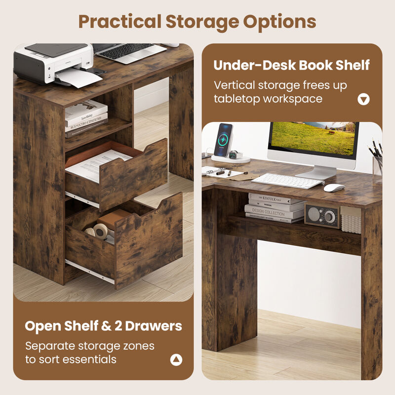 L Shaped Executive Computer Desk with Power Outlets Drawers and Bookshelf image number 7