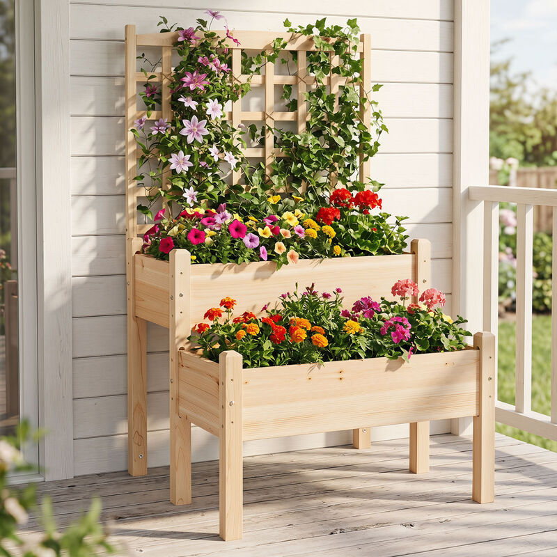 Wooden Raised Garden Bed with Trellis for Vines, Flowers and Vegetables image number 2