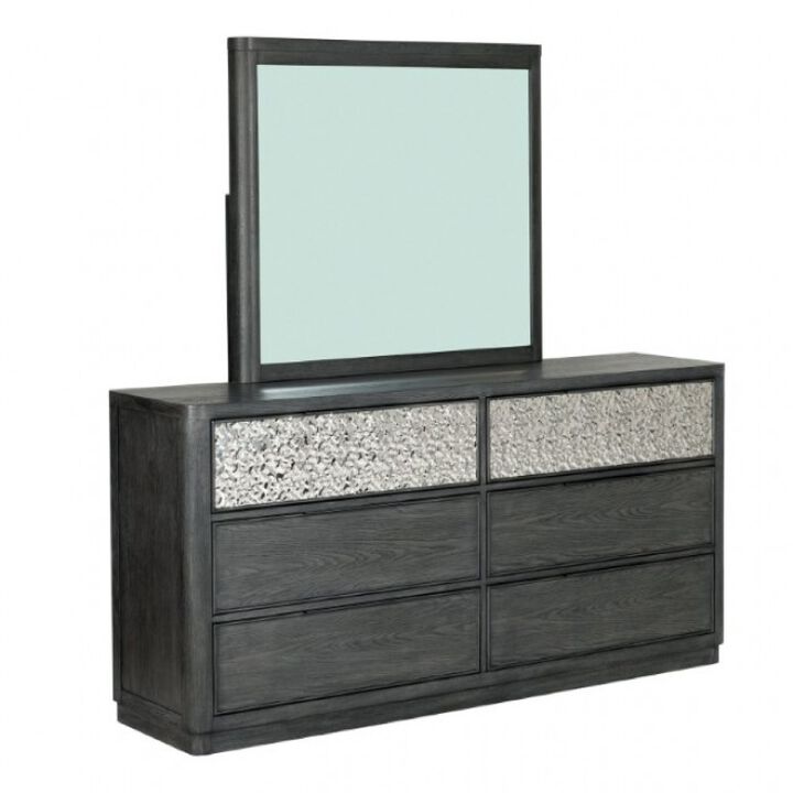 Zoko Wide Dresser with 5 Drawers, Textured Metal Accents, Ash Gray - Benzara