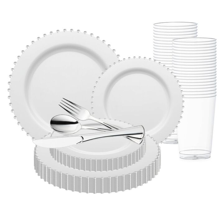 White with Silver Pearl String Round Plastic Wedding Value Set (60 Sets)