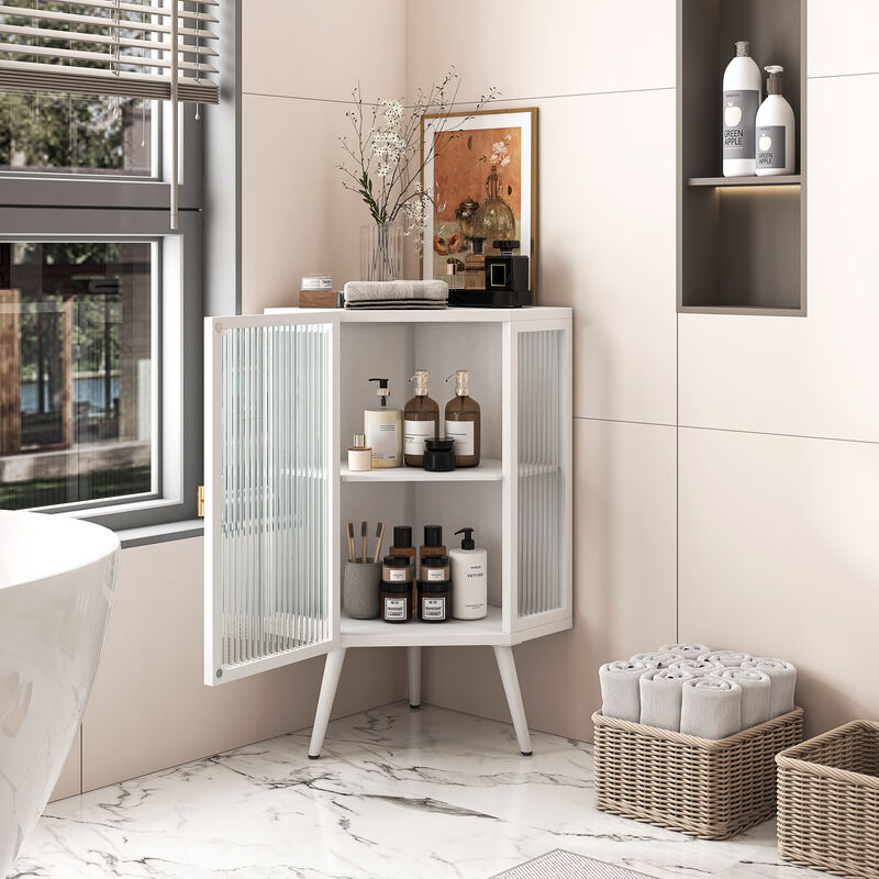 Floor Coner Cabinet with Tempered Glass Doors and Storage Shelves for Bathroom, Living Room and Bedroom