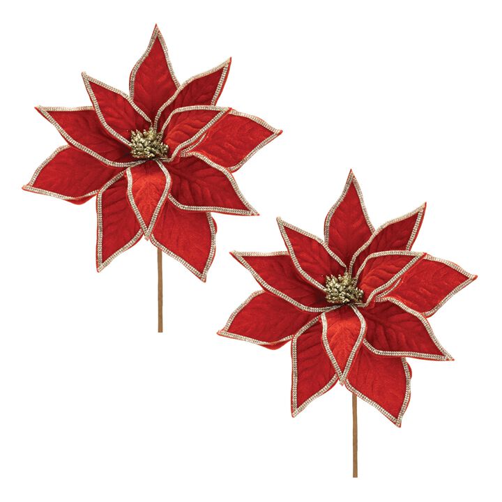 Set of 2 Jeweled Poinsettia Flower Stems for Holiday Arrangements or Tree Decor