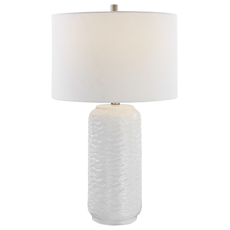 27 Inch Ceramic Table Lamp, Wavy Texture, Silver, White-Benzara