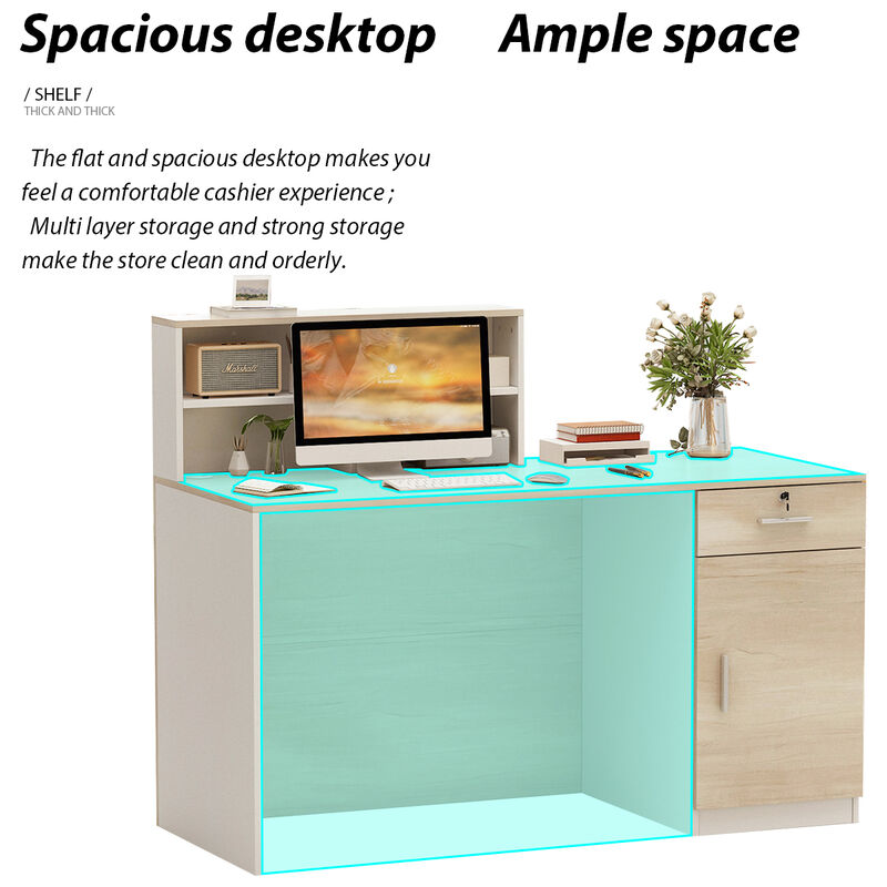 Rectangular White Wooden Computer Desk, Writing Desk with Drawer, 4 Shelves and A Container, 55.1 in.W-23.6 in.D