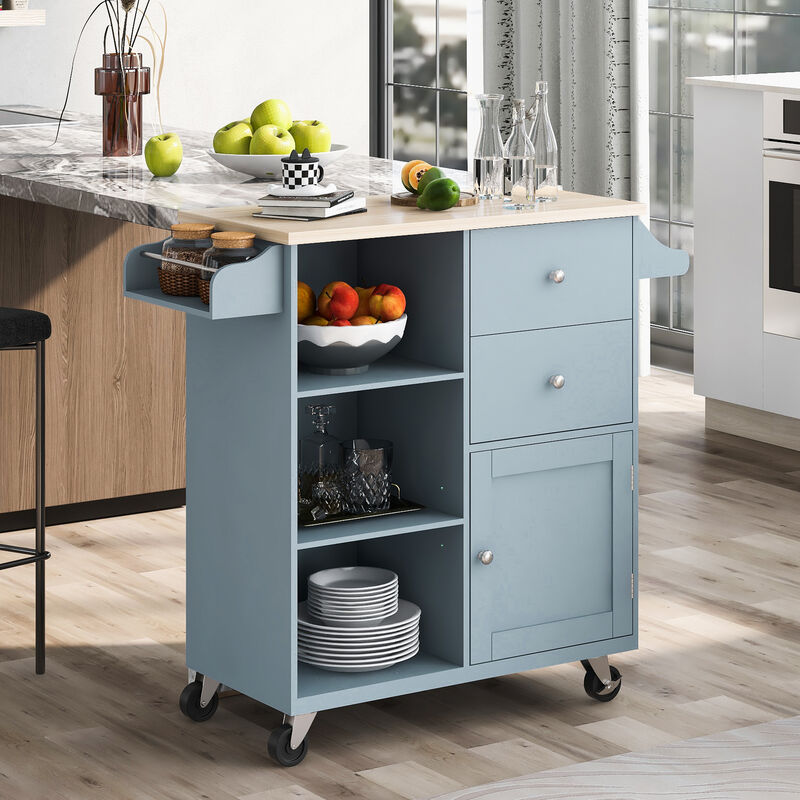 Merax Kitchen Island with Drop Leaf, LED Light Kitchen Cart on Wheels with 2 Fluted Glass Doors and 1 Flip Cabinet Door