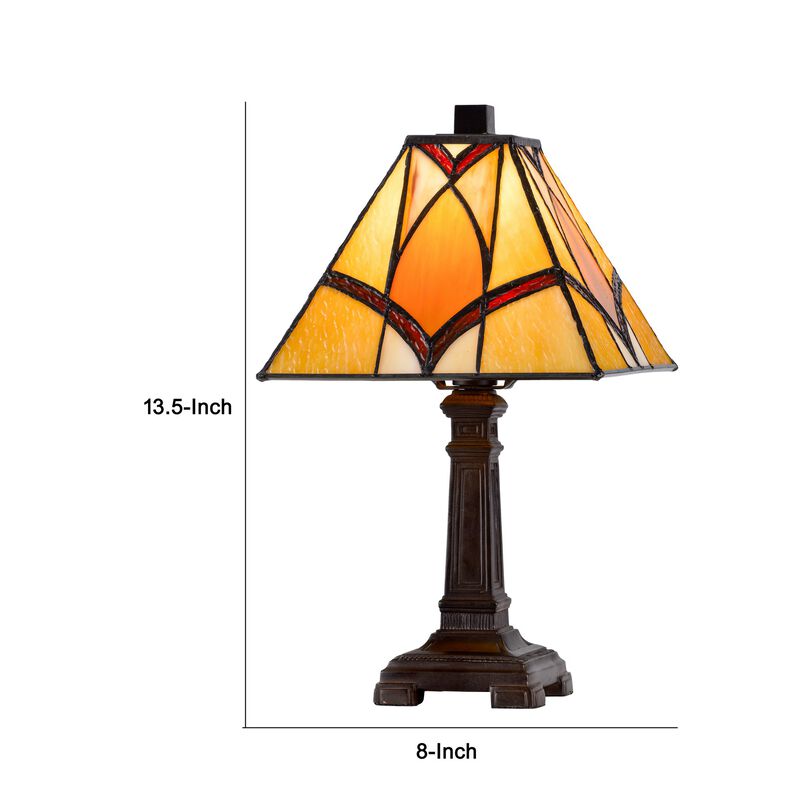 Eli 14 Inch Art Deco Accent Lamp, Square Tiffany Style Shade, Dark Bronze-Benzara image number 5