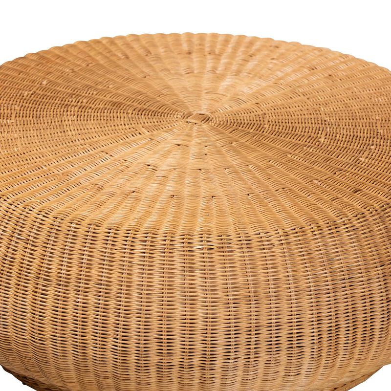 bali & pari Beatriz Natural Rattan Coffee Table : Handwoven Wicker Accent Table with Sculptural Drum Silhouette and Round Tabletop for Living Room or Sunroom image number 1