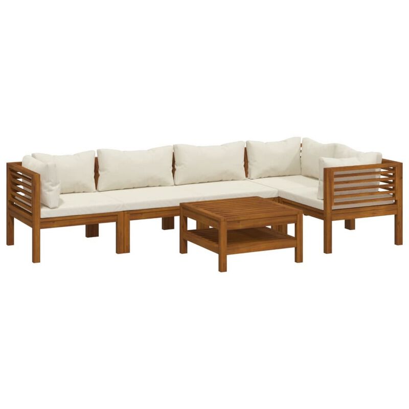 Lave 6pc Outdoor Modular L Sofa Set, Ivory, Brown Wood Coffee Table - Benzara