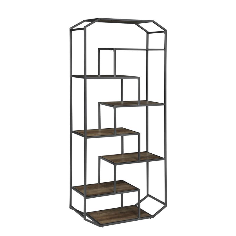 72 Inch Wood Bookcase, Geometric Metal Frame, 7 Shelves, Gray, Brown-Benzara