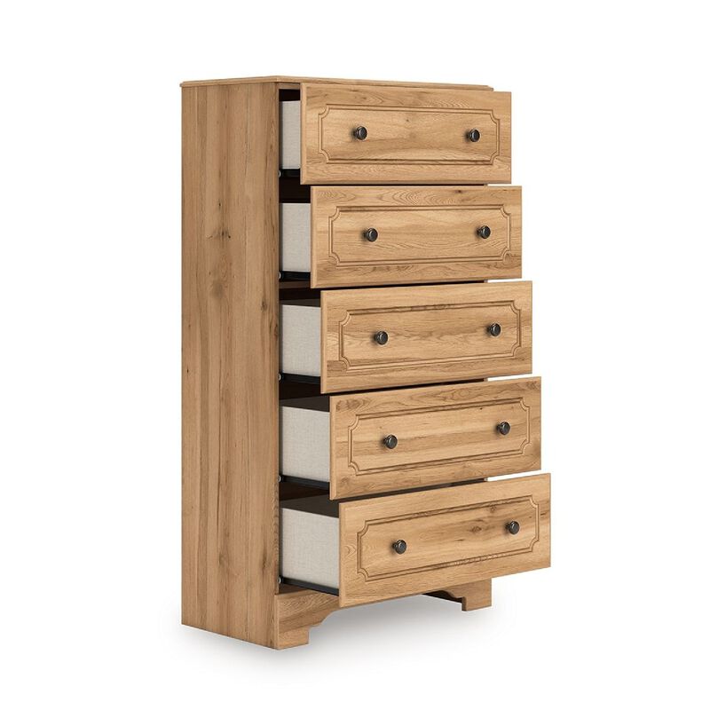Alia Tall Dresser Chest, 5 Drawers, Nickel Knobs, Natural Oak Brown image number 3