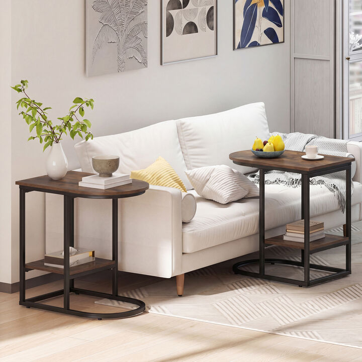 Modern C-Shaped Side Table with Storage Shelf for Sofa Use