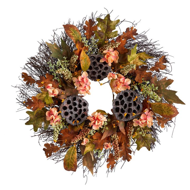 Nearly Natural 22-in Autumn Hydrangea, Dried Lotus Pod Artificial Fall Wreath
